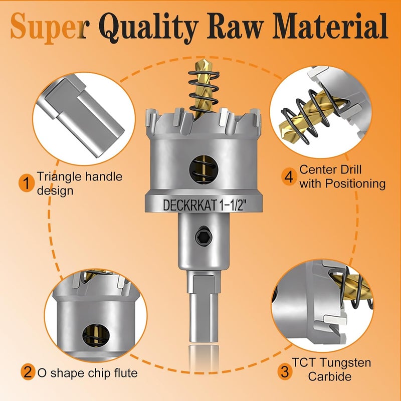 DECKRKAT 2-Pack 1-1/2" TCT Hole Saws for Hard Metal, Heavy Duty 38mm Tungsten Carbide Tipped Hole Cutters Set with Spring-Loaded Pilot Drill Bits for Stainless Steel, Metal, Iron, and Plastic - Image 4